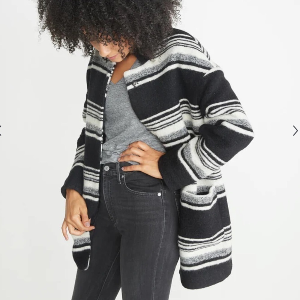 Marine Layer Carey Cocoon Wool Blend Black White Striped Longline Coat XS